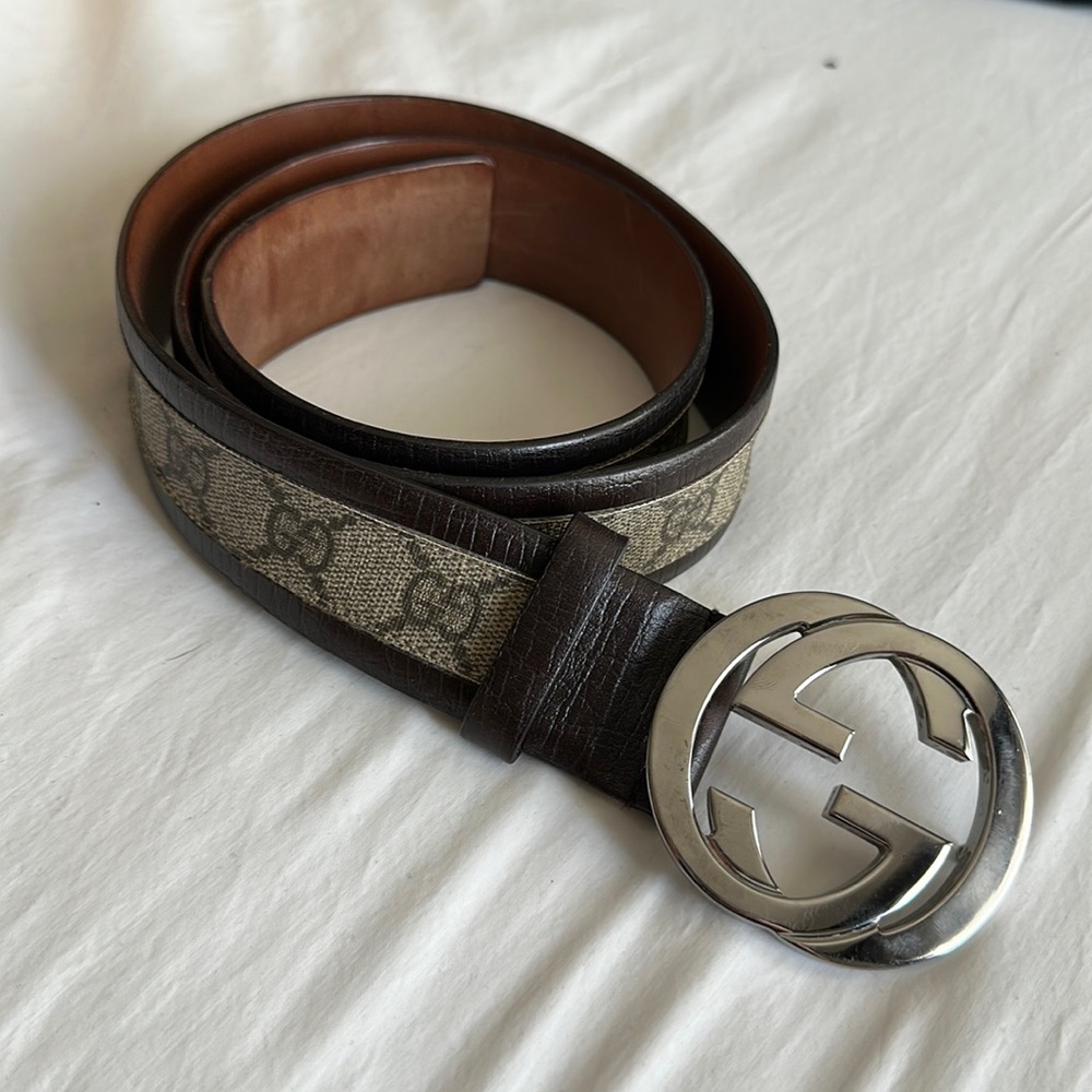 Relist - GUCCI Brown Monogram Canvas Silver Interlocking G Buckle Belt